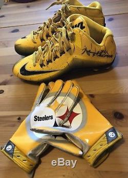 Auth NFL Pittsburgh Steelers Antonio Brown Signed Cleats And Game Used Gloves