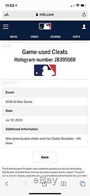 Carlos Gonzalez Colorado Rockies Game Used Cleats 2016 ASG MLB Auth Signed