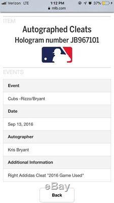 Historic 2016 GAME USED Signed KRIS BRYANT MVP CLEATS MLB & Fanatics COA Cubs