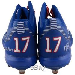 Kris Bryant Cubs Signed GU Blue with White Stripe Cleats & Game Used 2017 Insc