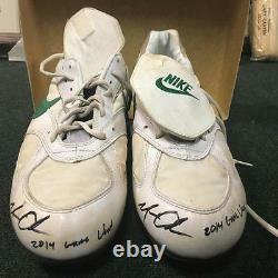MATT OLSON OAKLAND A'S SIGNED 2014 GAME USED NIKE CLEATS WithCOA