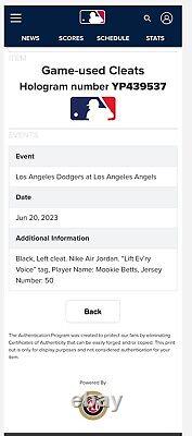 Mookie Betts Dodgers Jordan 1 Huarache Game Used Worn Cleats MLB Auth 6/20/2023