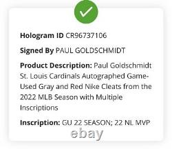 Paul Goldschmidt Cardinals Game Used Cleats Signed Inscribed 22 MVP 2022 Season