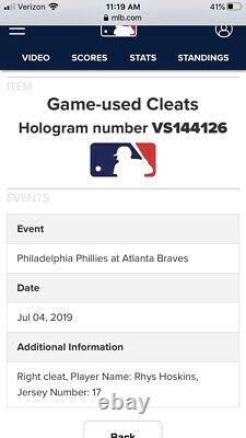 Rhys Hoskins Philadelphia Phillies Game Used Cleats 7/4/19 Vs Braves MLB COA USA