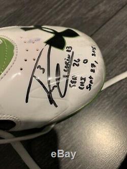 Russell Wilson GAME USED AUTO Signed Cleats Shoes Wilson Holo Mill Creek Sports
