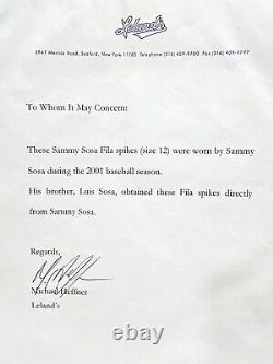 Sammy Sosa Cubs 2001 Season Used Worn FILA SS21 Cleats Spikes Leland's LOA