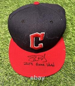 Shane Bieber Cleveland Guardians Game Used Hat 2023 5th Win MLB Auth LOA