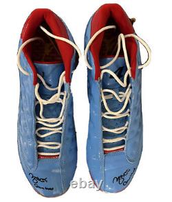 Yadier Molina Game Used/Worn Signed & Inscribed Powder Blue Jordan 13 Cleats JSA