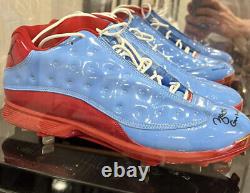 Yadier Molina Game Used/Worn Signed & Inscribed Powder Blue Jordan 13 Cleats JSA